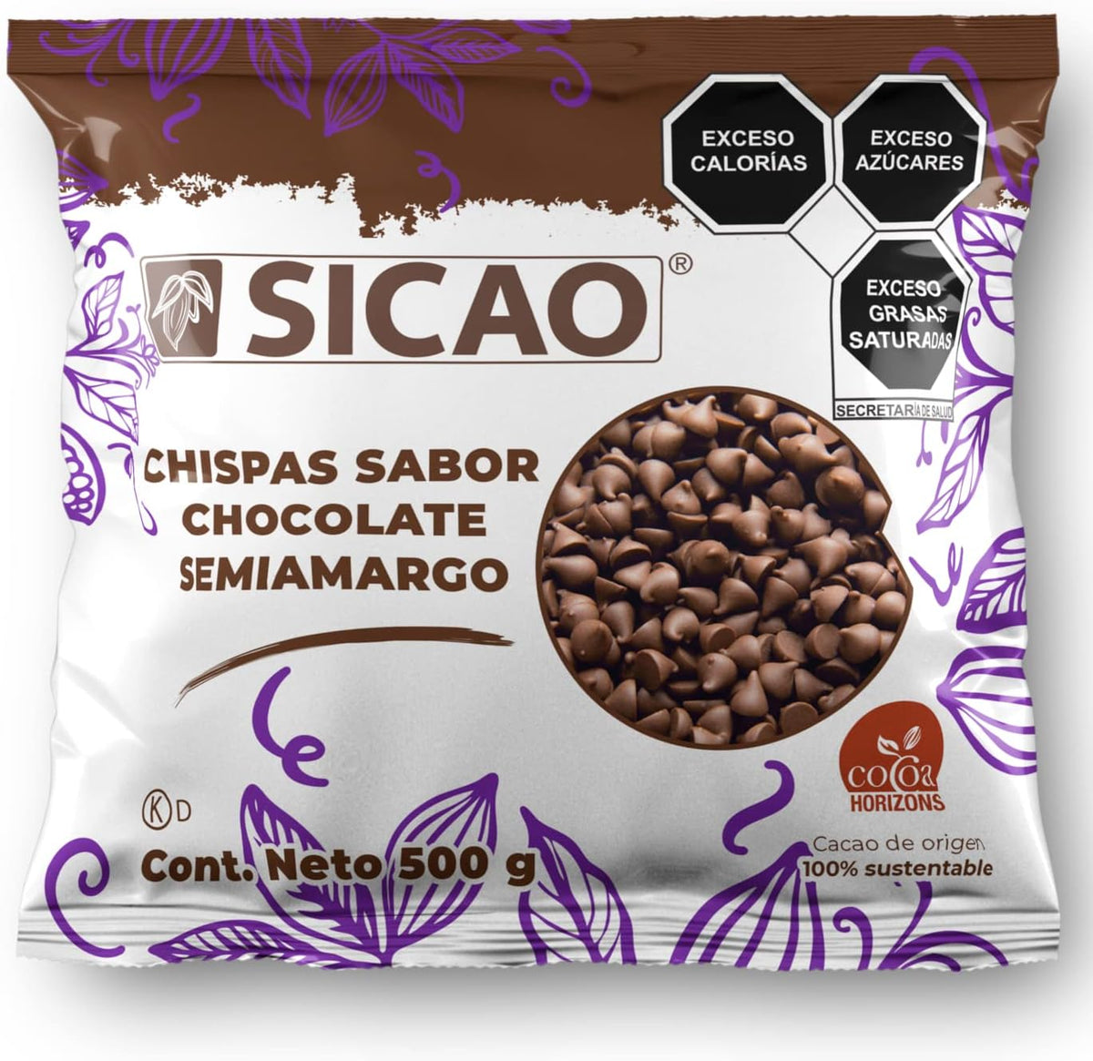 SICAO | Chispas de chocolate semiamargo | Chispas de chocolate para repostería | Chispas de Sicao chocolate | Chispas de chocolate semiamargo ideales para fundir o utilizarlas como inclusión o decoración, 500 g.