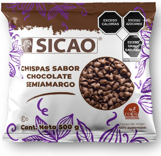 SICAO | Chispas de chocolate semiamargo | Chispas de chocolate para repostería | Chispas de Sicao chocolate | Chispas de chocolate semiamargo ideales para fundir o utilizarlas como inclusión o decoración, 500 g.