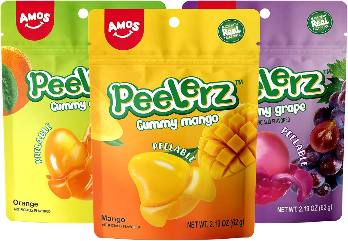 Amos Paquete Variado de Gomitas Peelerz: 3 Paquetes Individuales, Gomitas Frutales Pelables en Sabores Mango, Nara