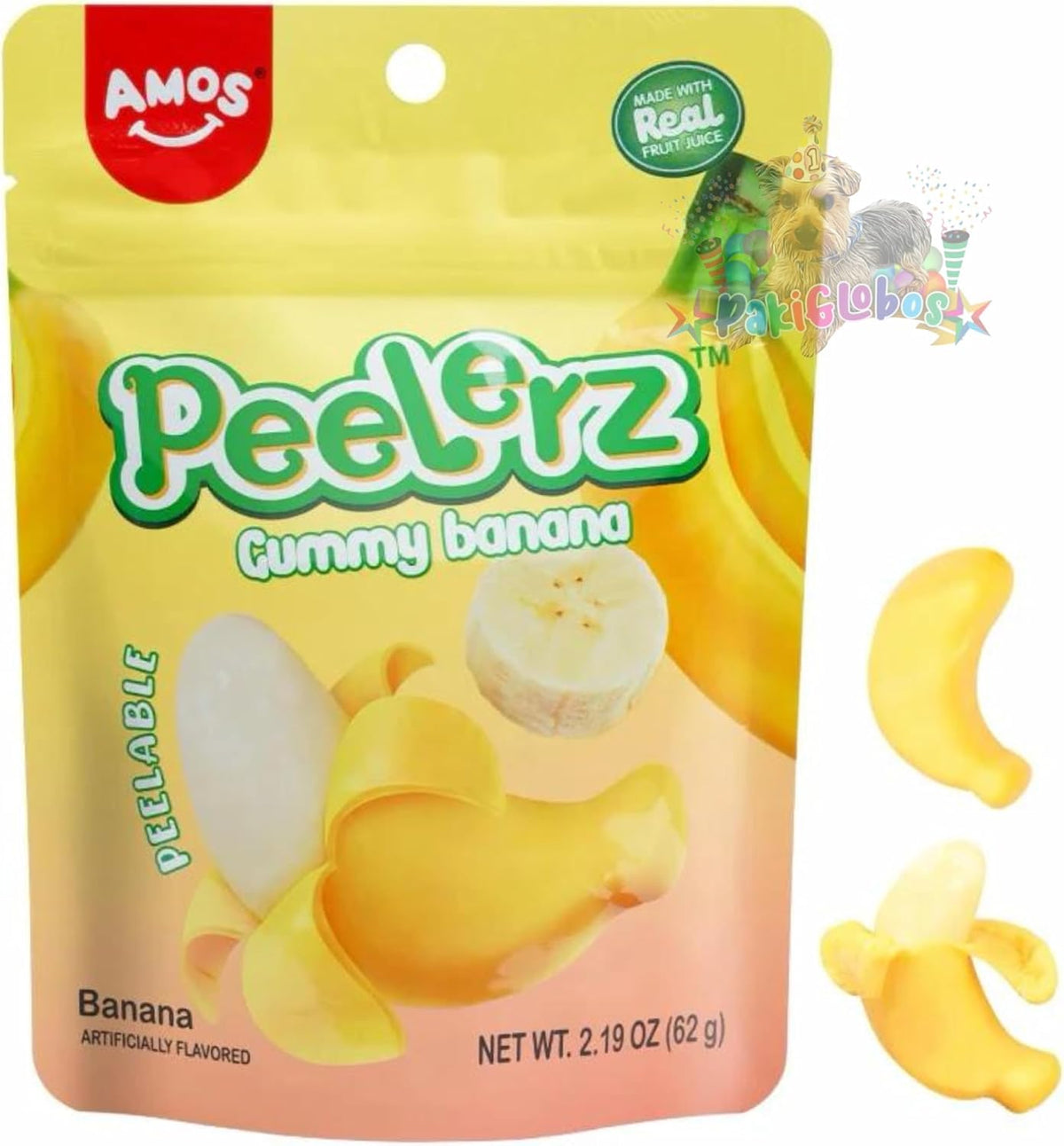 Amos Gomitas de Plátano Peelerz Pelables, Dulces, 62G, Amos, SUGAR_CANDY, Surtido, Paleta, 1 Unidades, Dulces Navideños, Tutsi
