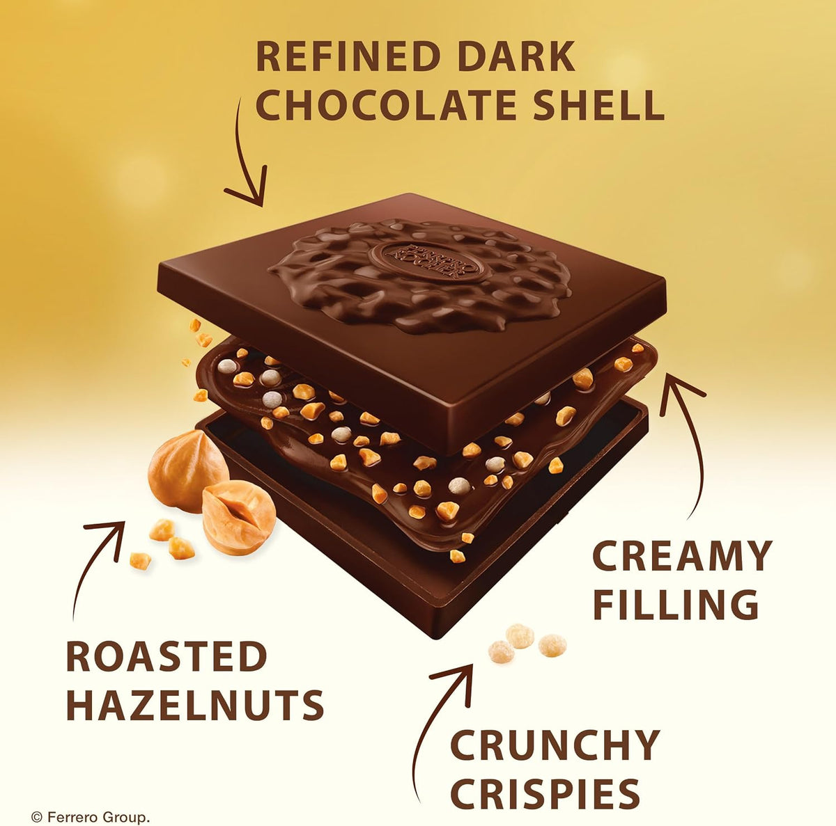 Ferrero Rocher, Cuadros de Chocolate Obscuro Rellenos de Avellana, Paquete de 10 Piezas