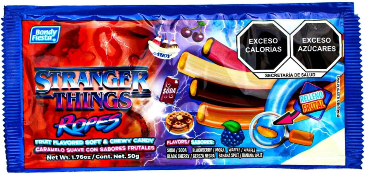 Bondy Fiesta. Caramelo suave con sabores frutales. Stranger Things Ropes. Pequeños tubos rellenos con sabores surtidos. Caja con 12 paquetes de 50gr. (1.76 Oz) Cada uno.