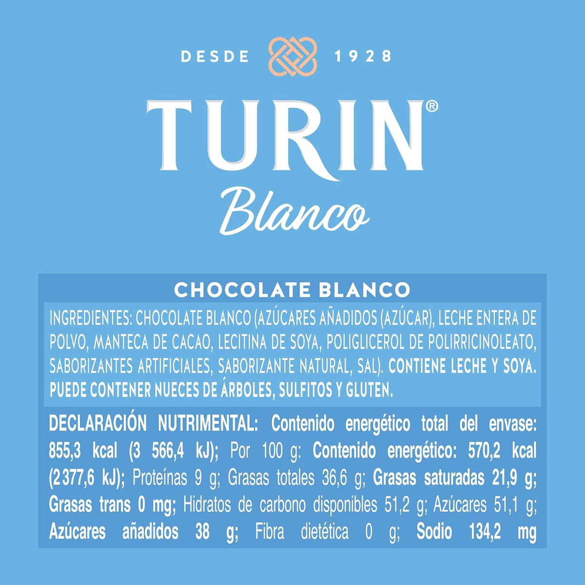 Turin tablilla de chocolate blanco para reposteria 150g