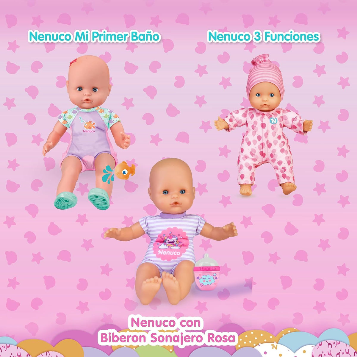 Nenuco Mi Primer baño, una muñeca Suave con Cuerpo Impermeable, se Puede Llevar en la bañera, la Piscina y el mar. Incluye Traje de baño y un pez pequeño Que se coloca en el Agua