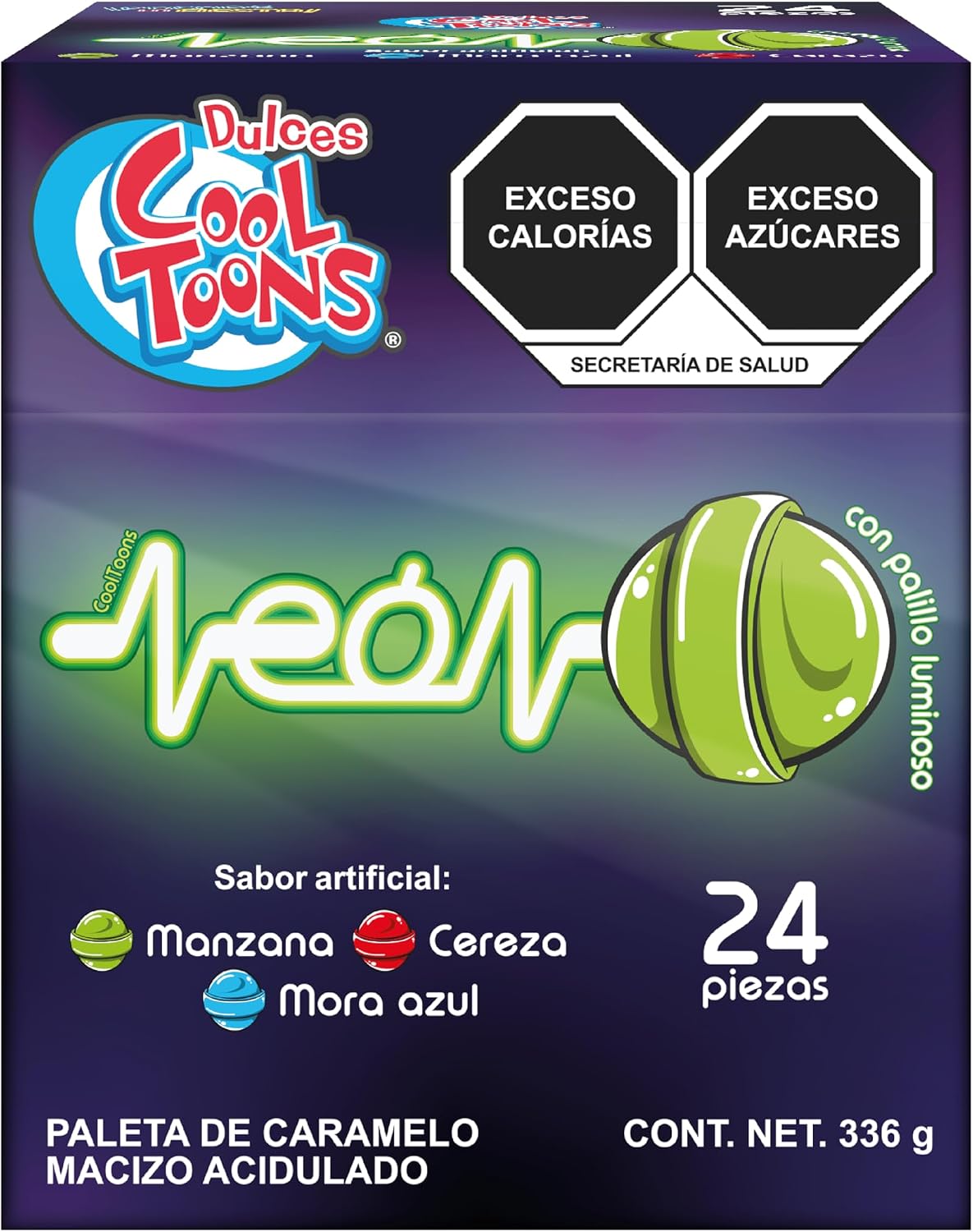 Paleta Cool Toons Neón , Paquete 2 cajas (24 Paletas 14grs - c/caja). Paleta de Caramelo Macizo con forma de bola sabor Cereza, Mora azul, Manzana, con palillo luminosos que brilla en la oscuridad, estilo laser. paleta del antro