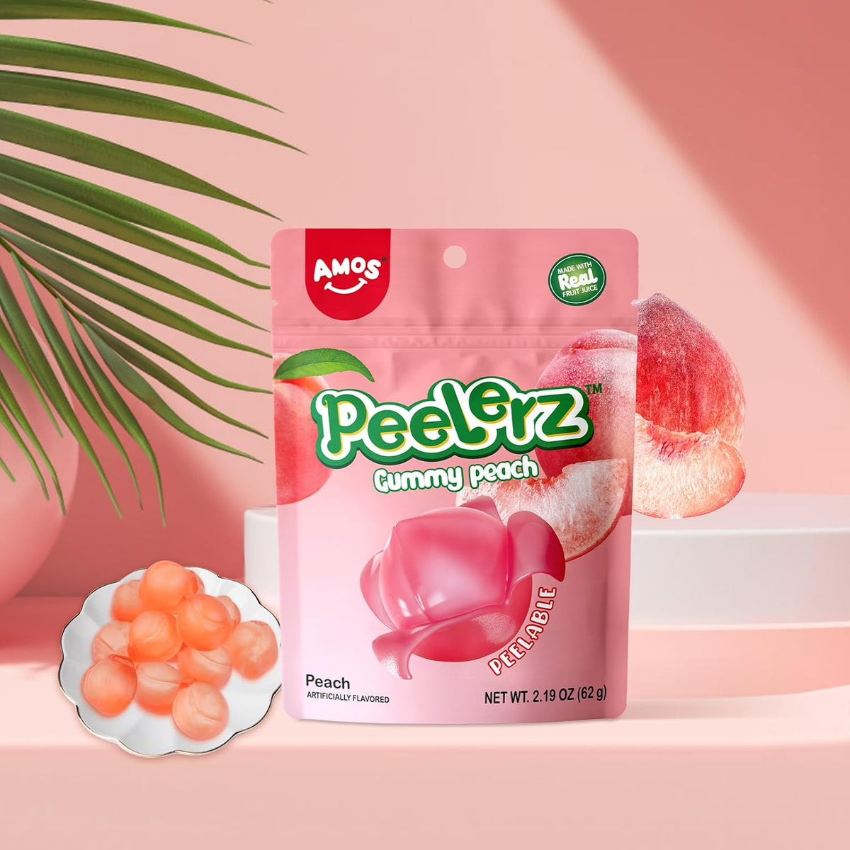 Amos Caramelos de goma Peelerz de durazno, bocadillos de fruta pelables, bolsa resellable de 56 g (paquete de 3)