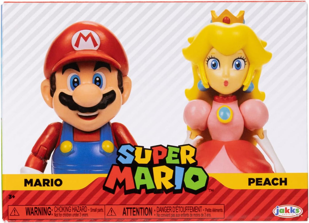 Jakks Pacific Set de Figuras Super Mario Bros, Mario y Princesa Peach 4", 2 Figuras con Accesorios