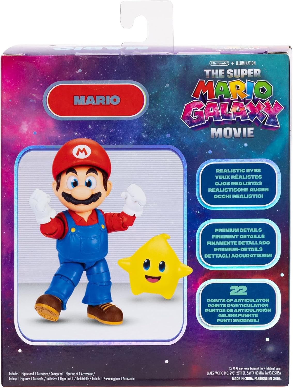 Jakks Pacific Super Mario Galaxy Movie Figura Mario 5 Pulgadas con Estrella Luma Que Brilla en la Oscuridad, 22 Puntos de Articulación, Ojos Acrílicos, Coleccionable, +3 Años