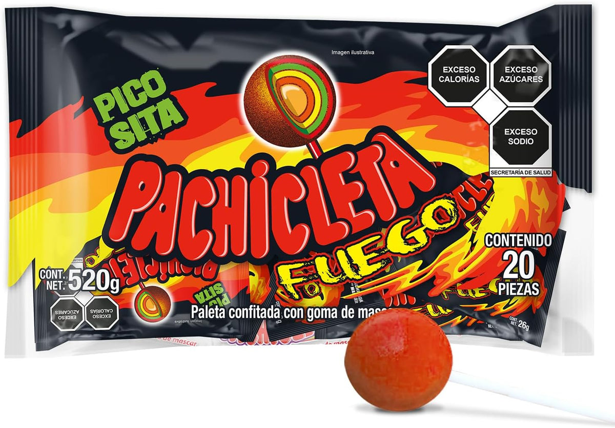 CUANDA PACHICLETA FUEGO | Paleta Enchilada con Goma de Mascar | 4 Capas de Sabores y Chilito | Acidita | Picosita | Contenido 1 bolsa con 20 pz