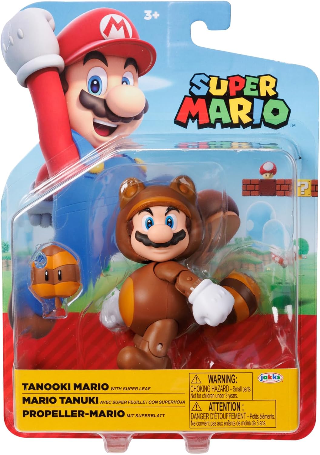 JAKSS Pacific - Nintendo Super Mario Figura Tanooki Mario de 4″ con Hoja Super Leaf – Figura Articulada Oficial de la Colección Super Mario para Fans y Niños 3+ Años