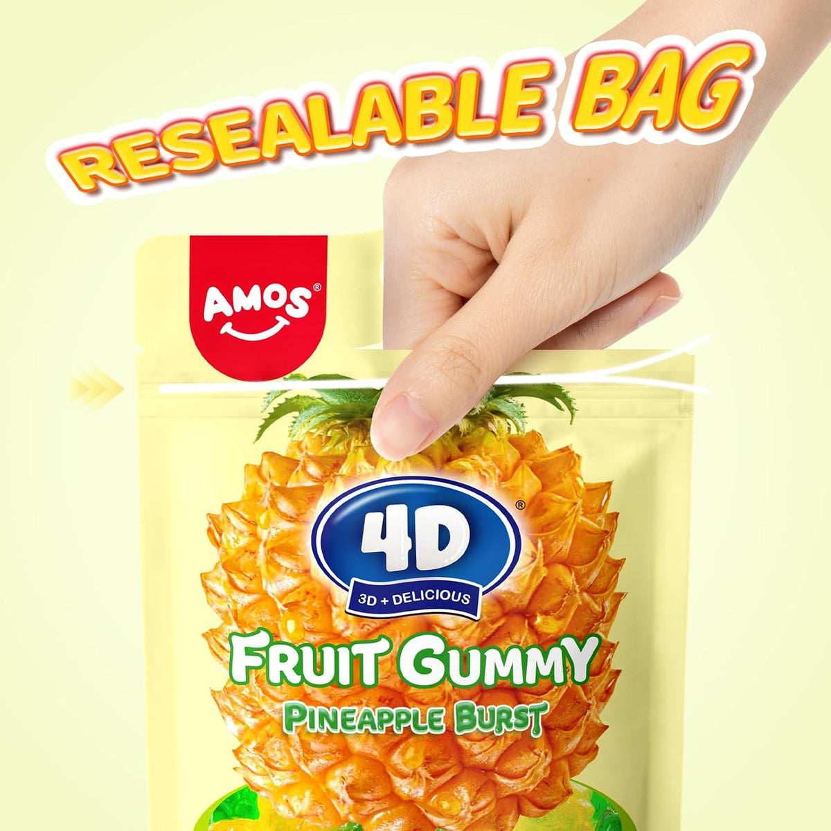 Amos Gomitas de Frutas en 4D, Gomitas de Frutas, Bocadillos de Piña, Bolsa Resellable de 2,29 Oz, Sabor Natural, C 2,29 Onzas (Paquete de 3)