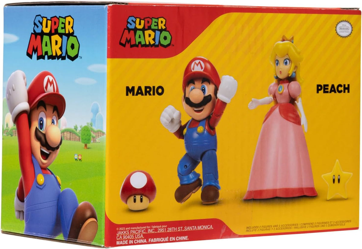 Jakks Pacific Set de Figuras Super Mario Bros, Mario y Princesa Peach 4", 2 Figuras con Accesorios