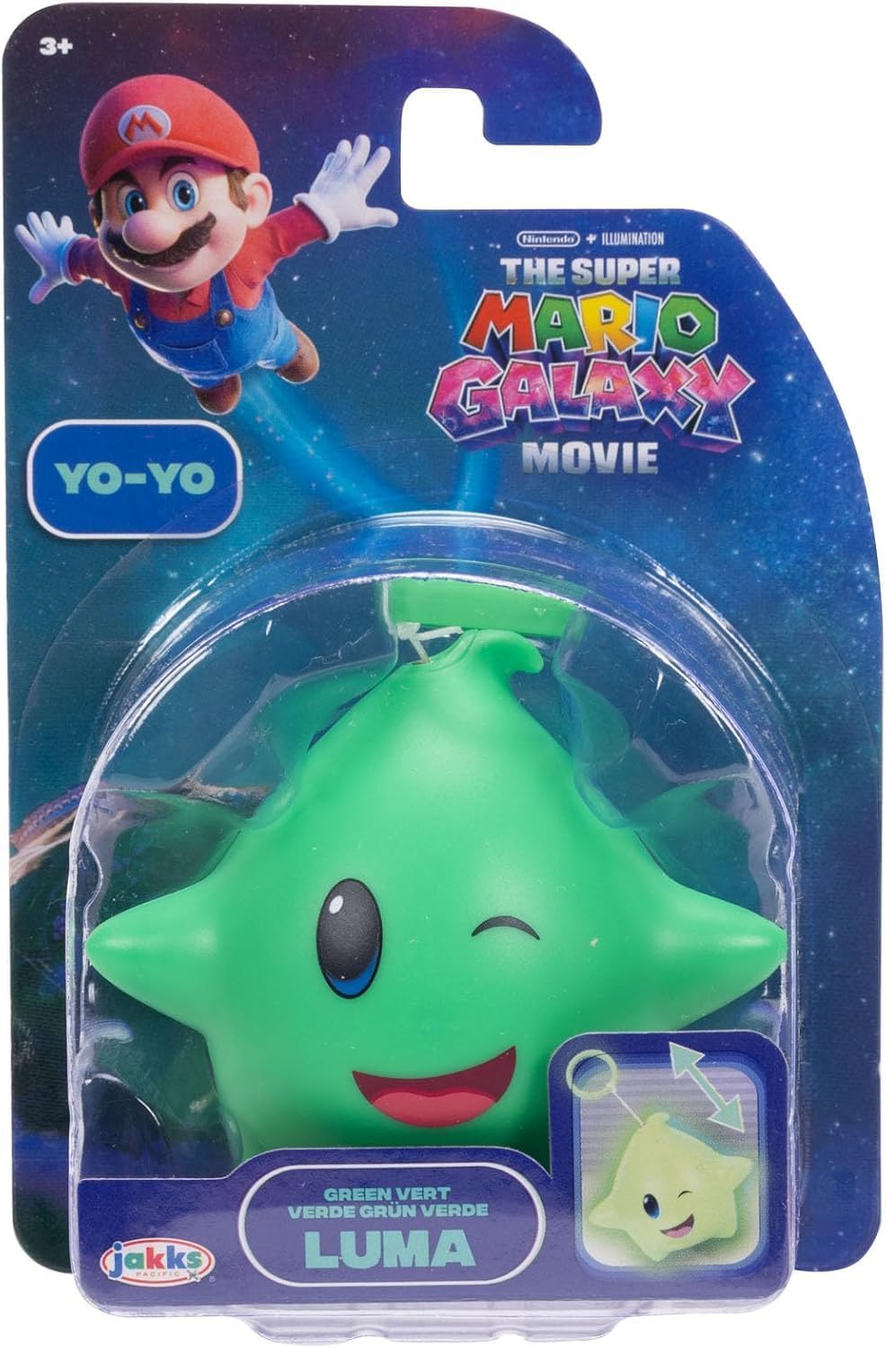 Jakks Pacific Super Mario Galaxy Movie Set 3 Luma Star Yo-Yo Azul, Verde y Amarillo, Brillan en la Oscuridad, Retráctiles, +3 Años