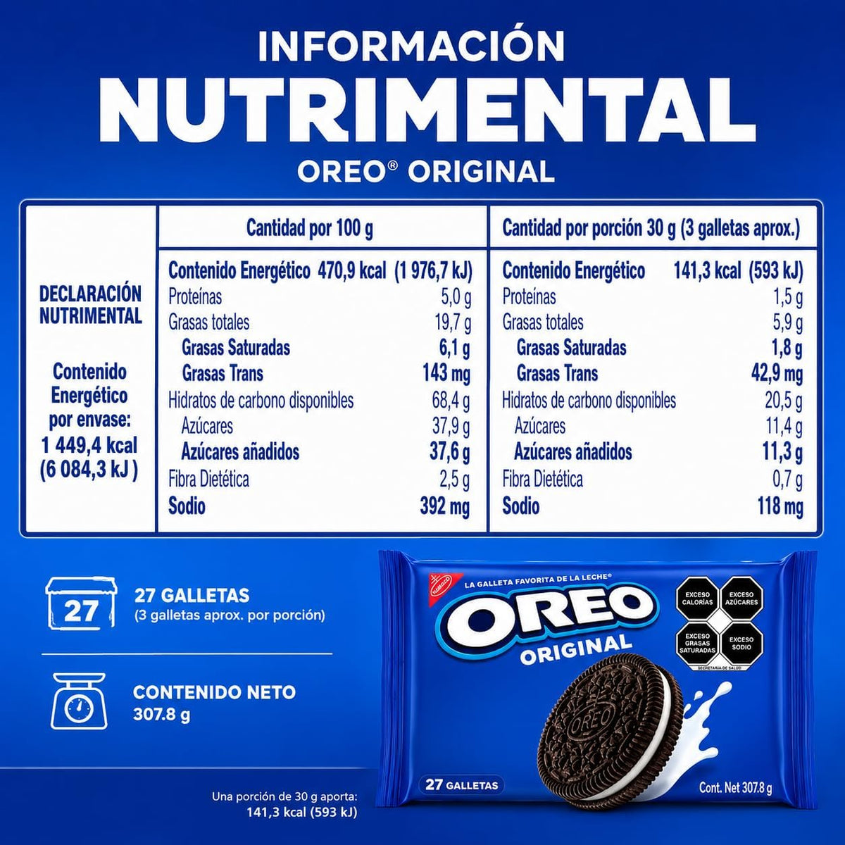 OREO Galletas Original charola con 27 Galletas, 307.8 g