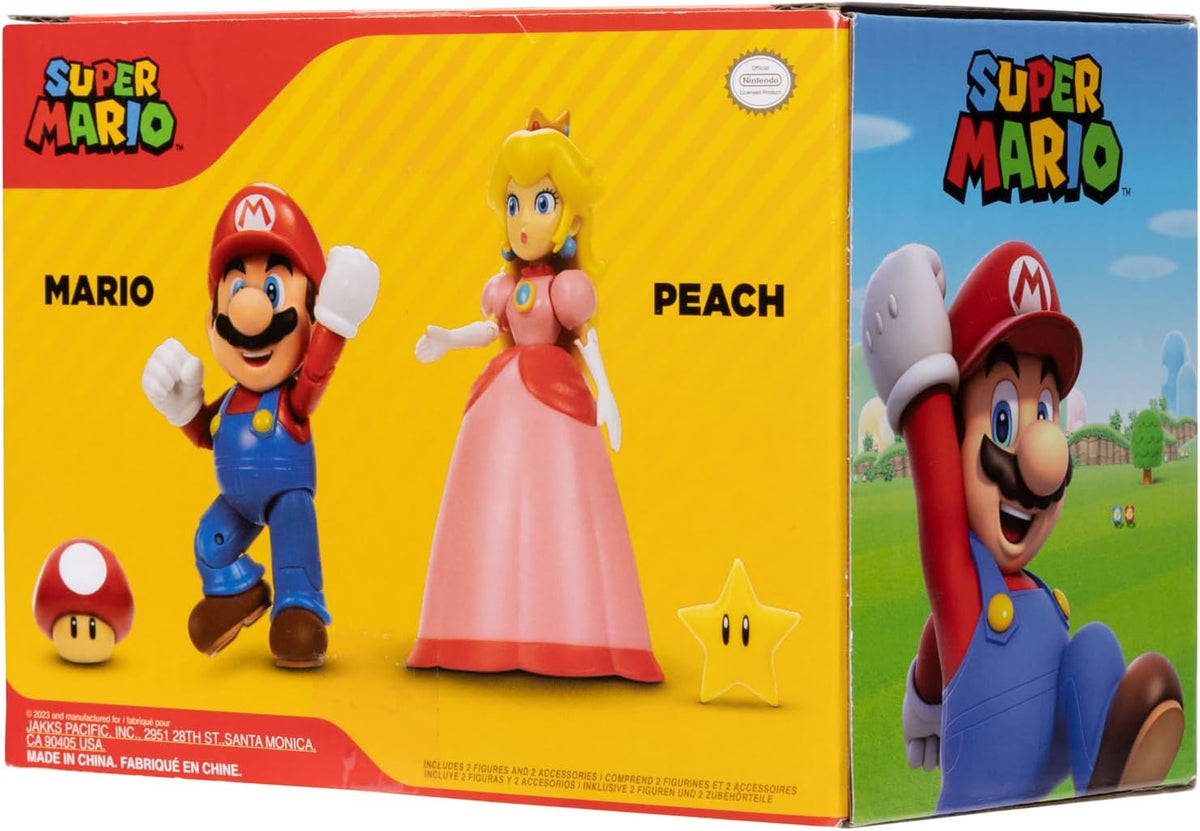 Jakks Pacific Set de Figuras Super Mario Bros, Mario y Princesa Peach 4", 2 Figuras con Accesorios
