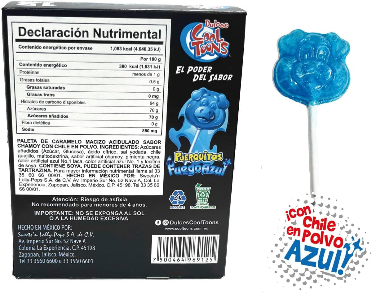 Dulces Cool Toons- Paleta Puerquitos Fuego Azul Paquete 2 cajas (15 Paletas 19grs - c/caja). Sabor Chamoy con chile en polvo . Paleta de Caramelo Macizo con forma de cara de Puerquito).