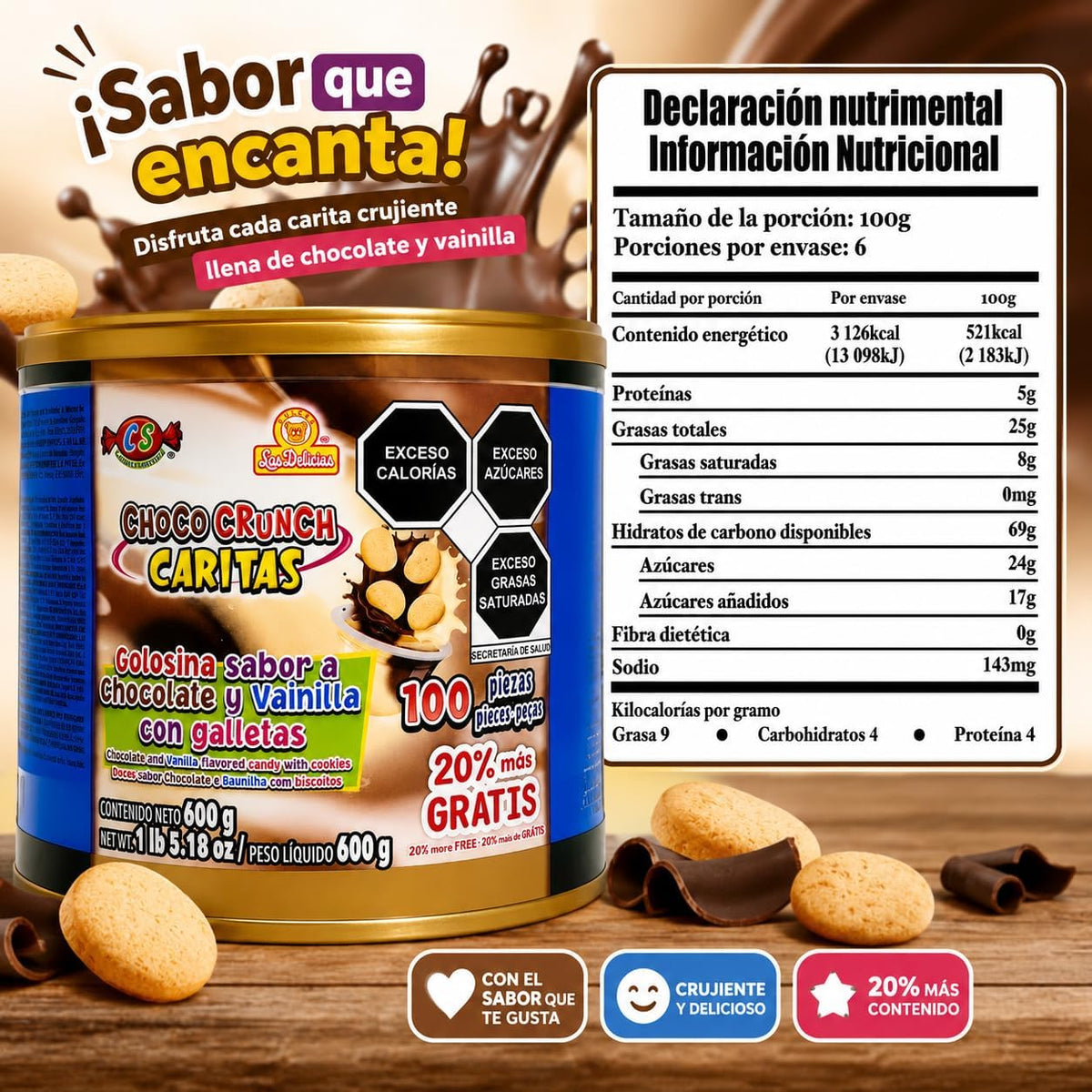Las Delicias Choco Crunch Caritas, Golosina Sabor a Chocolate, 100 Piezas