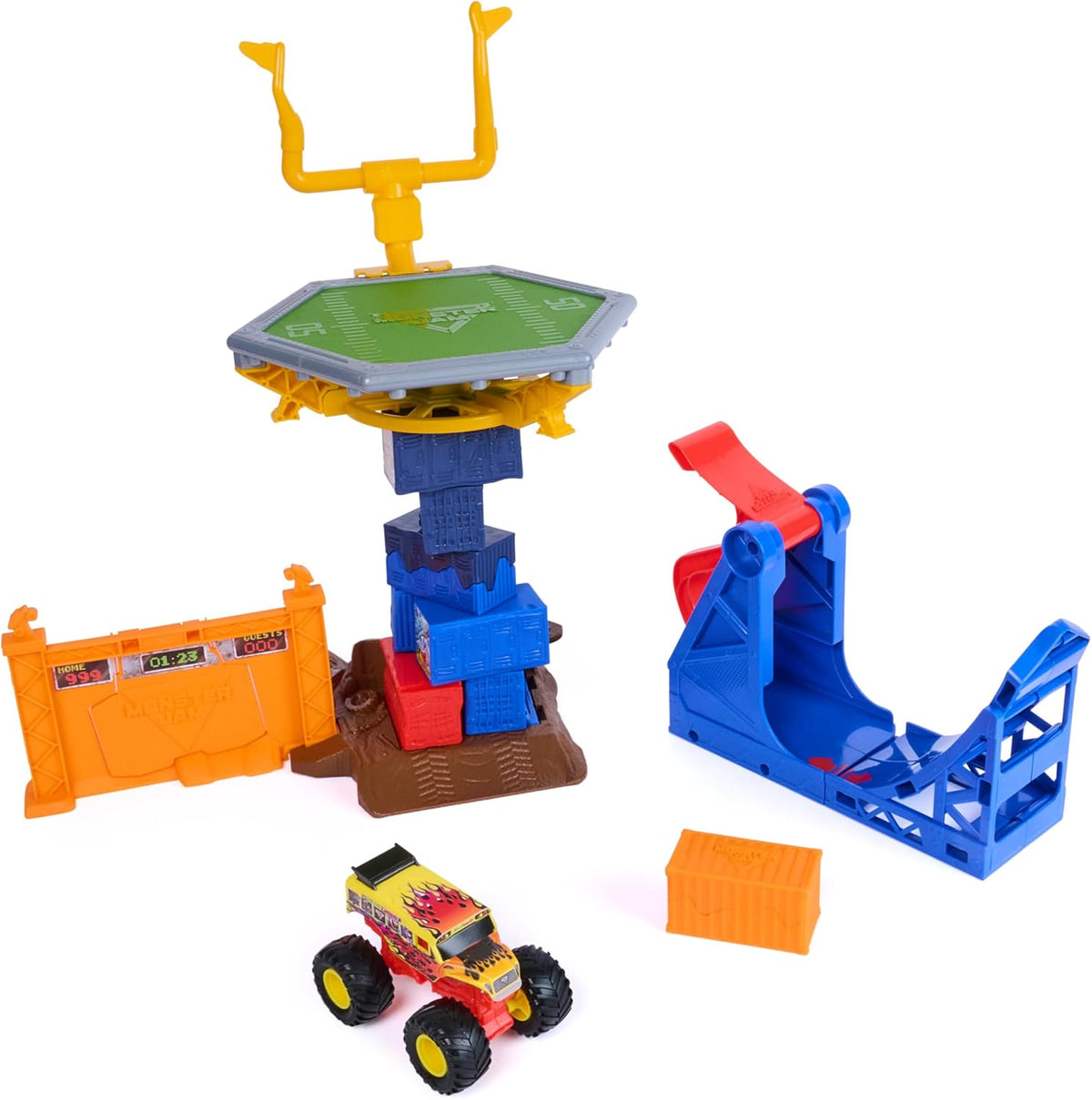 Pista Monster Jam Smash & Bash Crash Course con Lanzador, camioneta Monster Truck Exclusiva 1:64, Torre de obstáculos de 16 Pulgadas con trampolín, Juguete para niños y niñas de 3 años en adelante