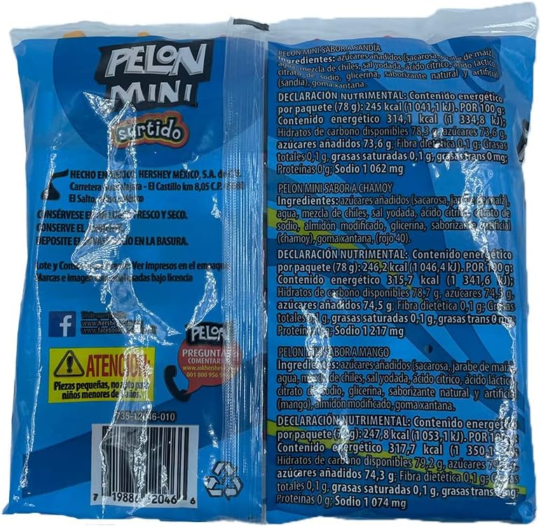 Farvisan Pelon Pelo Rico MINI Surtido, Paquete con 18 piezas, Sabores Sandia,Chamoy,Mango, 13 g C/U,Dulce Hecho en México.