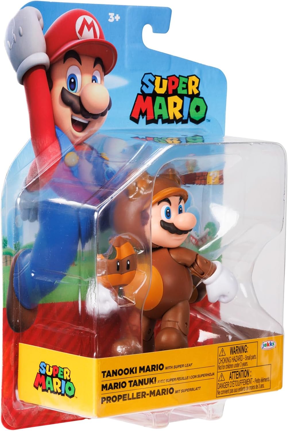 JAKSS Pacific - Nintendo Super Mario Figura Tanooki Mario de 4″ con Hoja Super Leaf – Figura Articulada Oficial de la Colección Super Mario para Fans y Niños 3+ Años