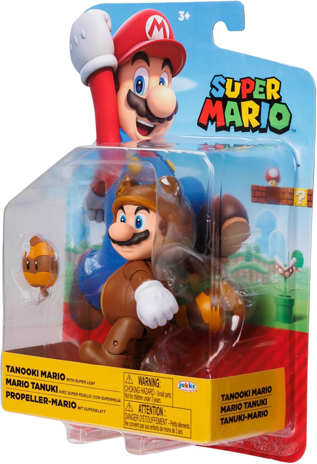JAKSS Pacific - Nintendo Super Mario Figura Tanooki Mario de 4″ con Hoja Super Leaf – Figura Articulada Oficial de la Colección Super Mario para Fans y Niños 3+ Años