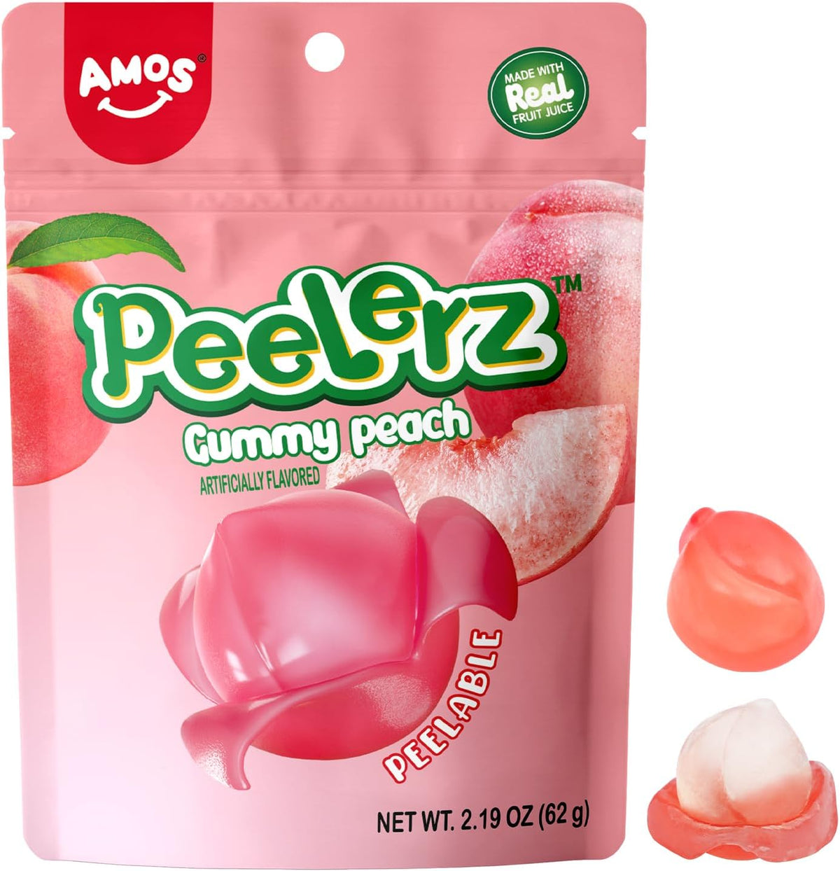 Amos Caramelos de goma Peelerz de durazno, bocadillos de fruta pelables, bolsa resellable de 56 g (paquete de 3)