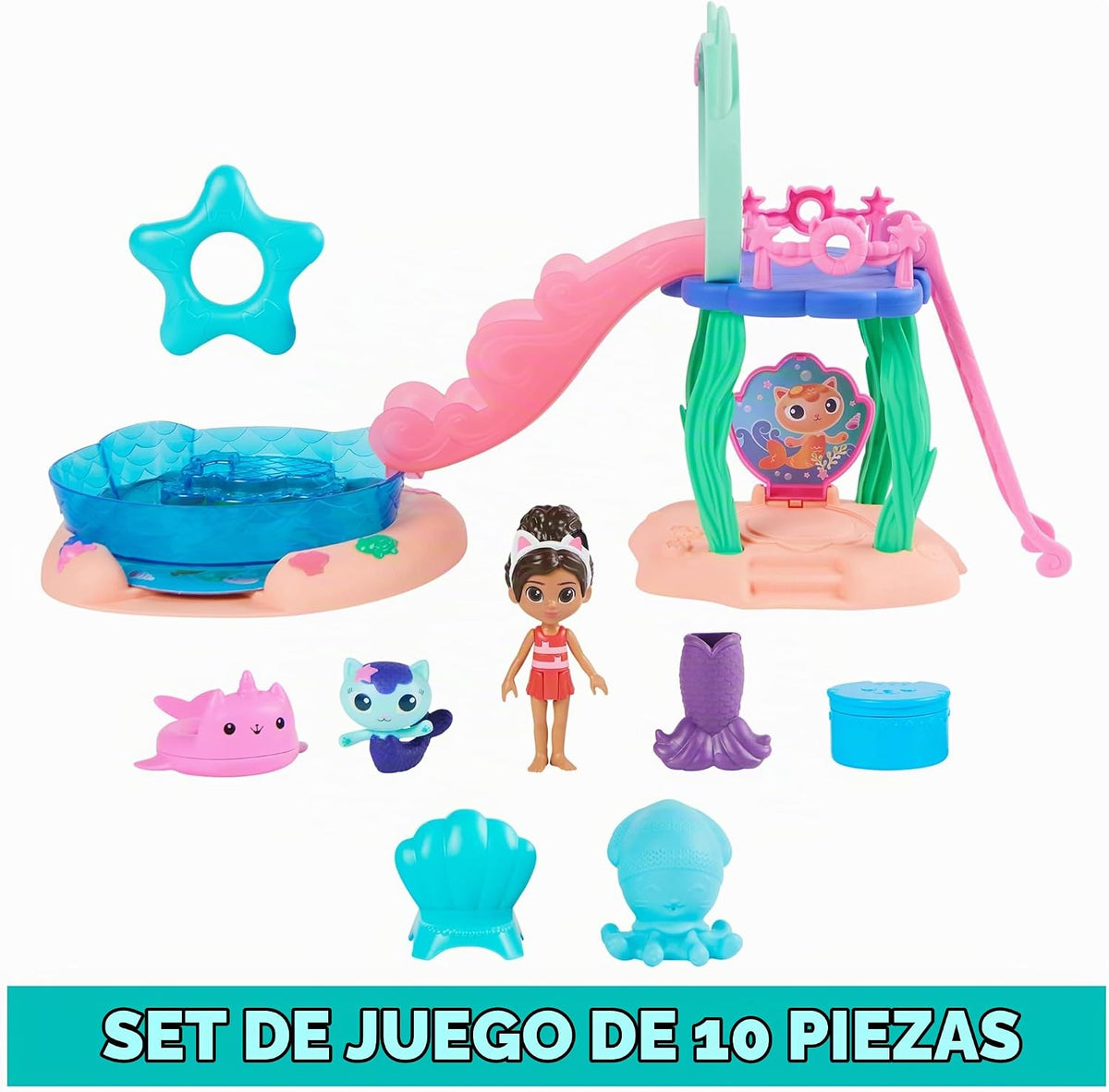 Gabby´s Dollhouse, Alberca Gatástica con Las Figuras de Gabby y Gatirena, Colas de Sirena Que cambian de Color y Accesorios de Piscina