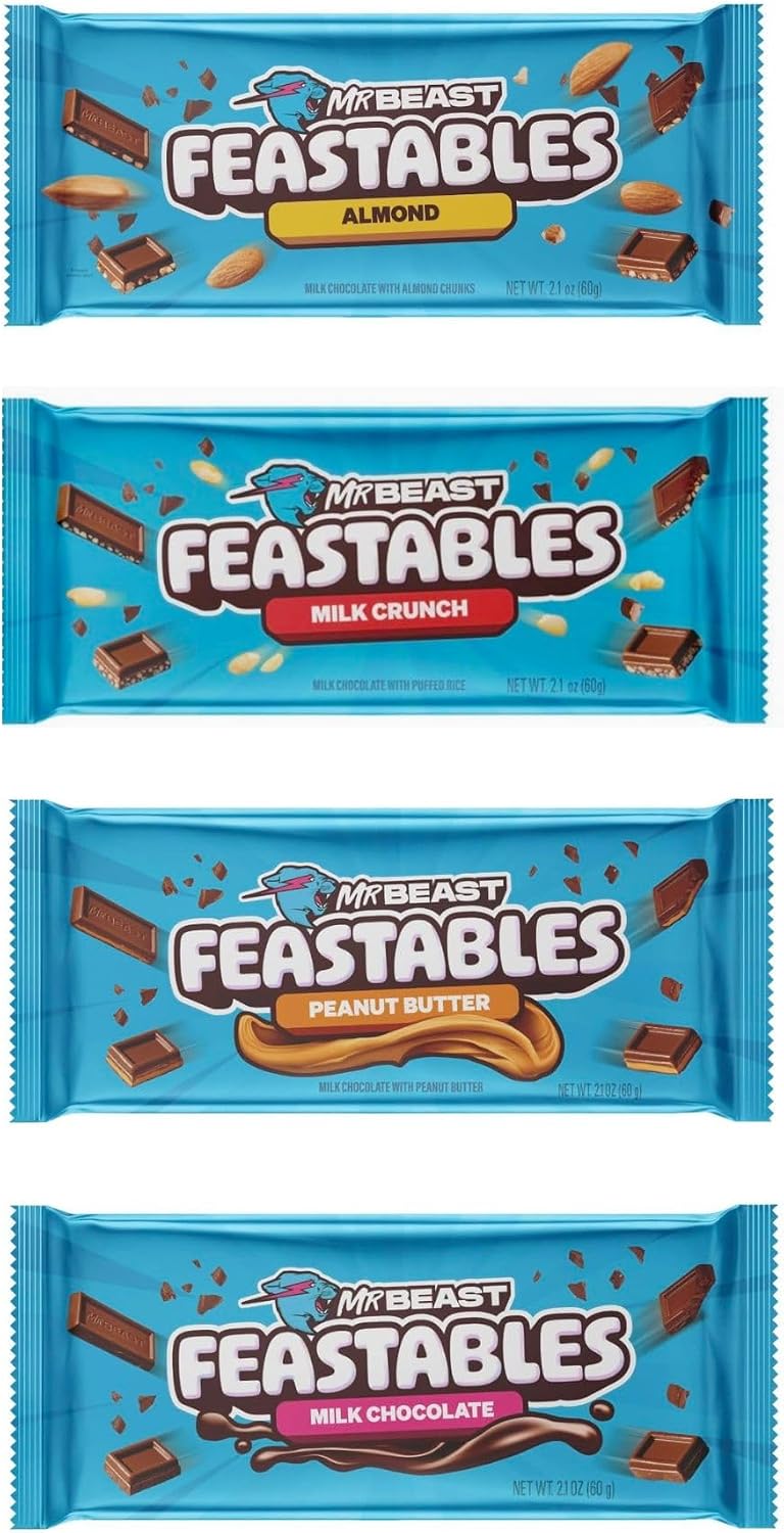 Feastables Mr Beast Chocolate Bar Chocolate en Barra - Sabores Surtidos 60gr c/u 4pzas (NUEVA IMAGEN)