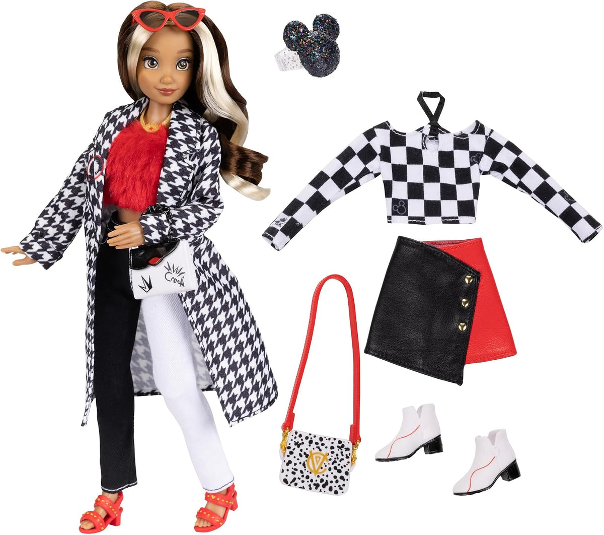 Disney ILY 4Ever Dolls Cruella de 11.5 Pulgadas de Alto con 13 Puntos de articulación, Dos Conjuntos completos de Mezcla y combinación y Anillo de Mickey Brillante para ti