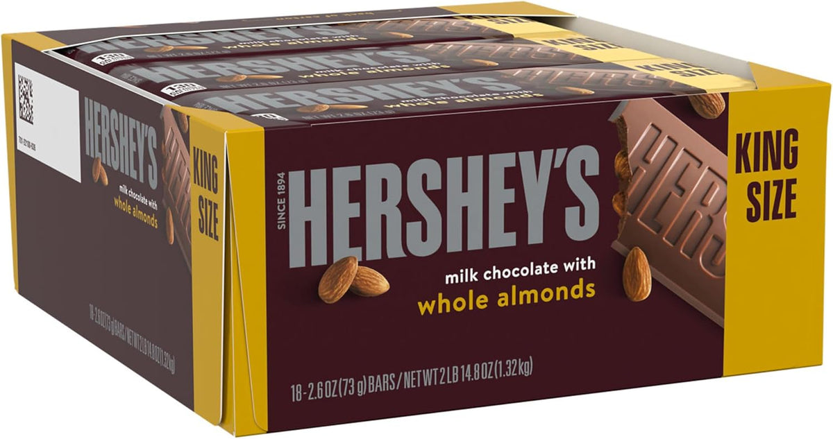 HERSHEY'S Chocolate Candy Bars with Almonds, King Size (Pack of 18)