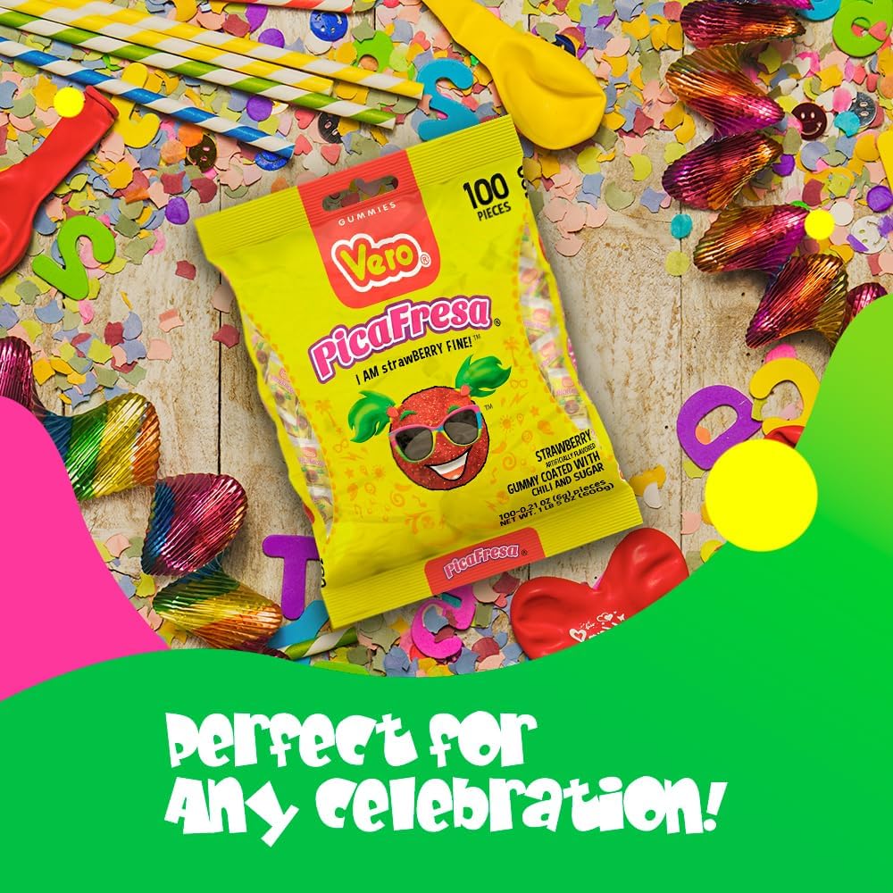 Vero Dulces Vero - Dulces Vero Pica Fresa - Gomitas con chile, dulces mexicanos, 100 unidades, 600 gramos (empaque puede variar)