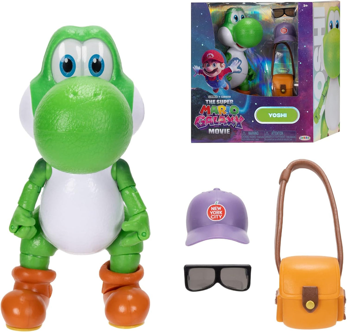 Jakks Pacific Super Mario Galaxy Movie Figura Yoshi 5 Pulgadas con Sombrero, Lentes y Bolsa, 20 Puntos de Articulación, Coleccionable, +3 Años