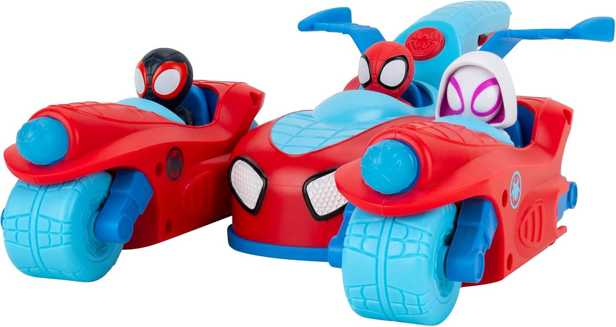 Jazwares Marvel Spidey and His Amazing Friends Spidey Team Split Racer - Vehículo Tres en uno de 8.5 Pulgadas con Dardos Web, Efectos de Sonido y Frases
