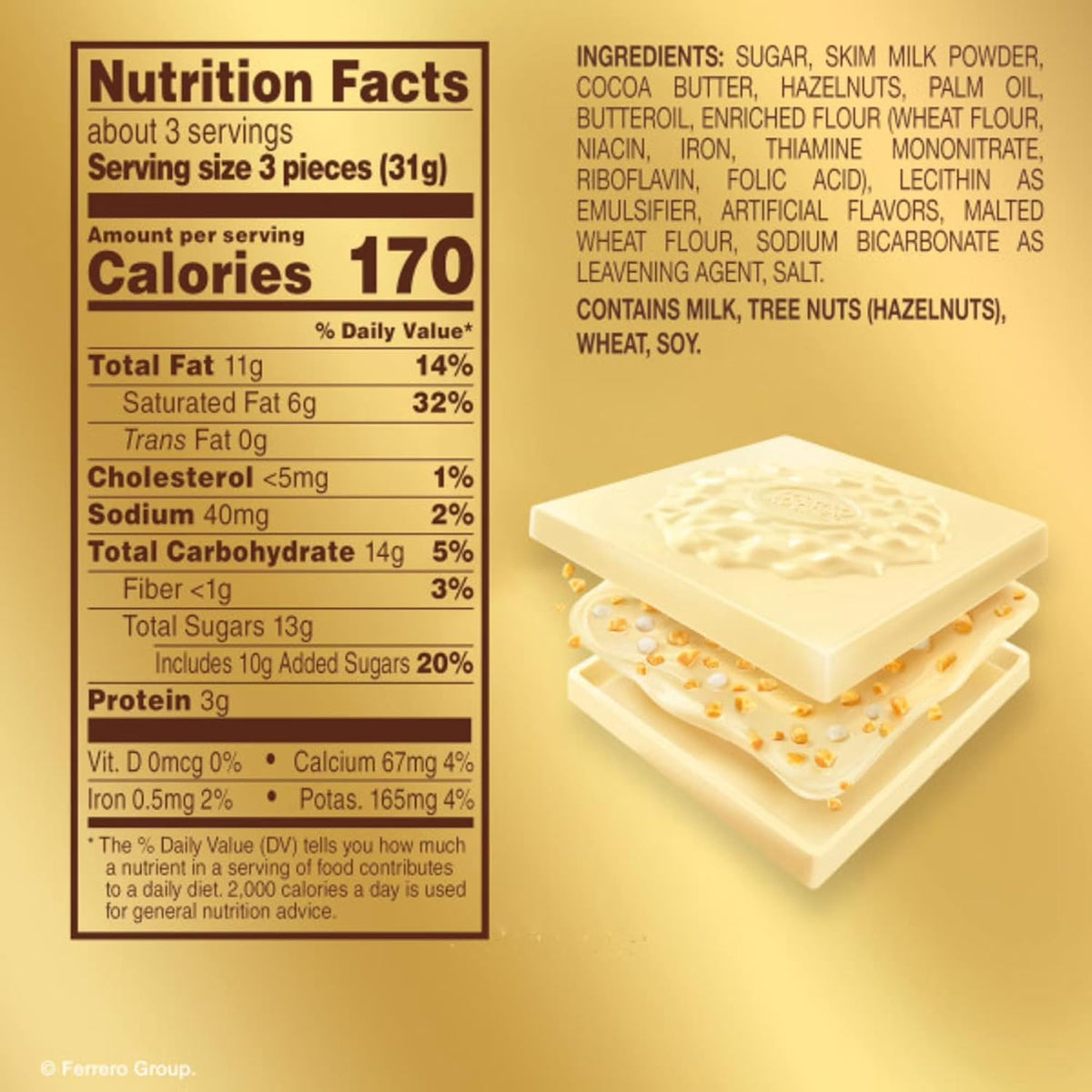 Ferrero Rocher, Cuadros de Chocolate Blanco Rellenos de Avellana, Paquete de 10 Piezas