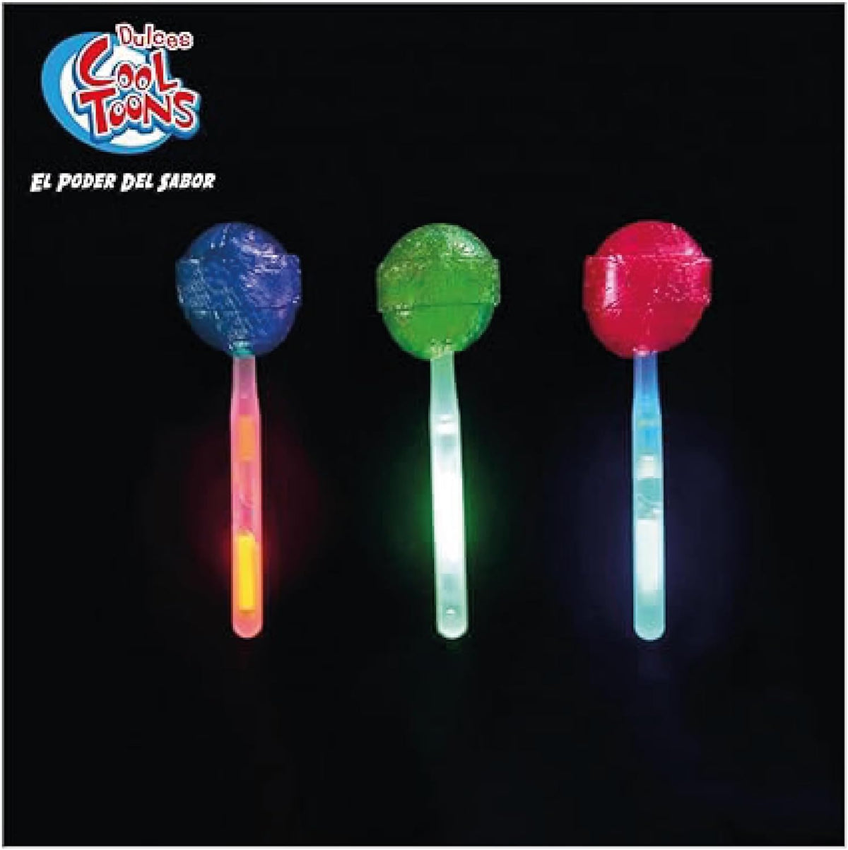 Paleta Cool Toons Neón , Paquete 2 cajas (24 Paletas 14grs - c/caja). Paleta de Caramelo Macizo con forma de bola sabor Cereza, Mora azul, Manzana, con palillo luminosos que brilla en la oscuridad, estilo laser. paleta del antro