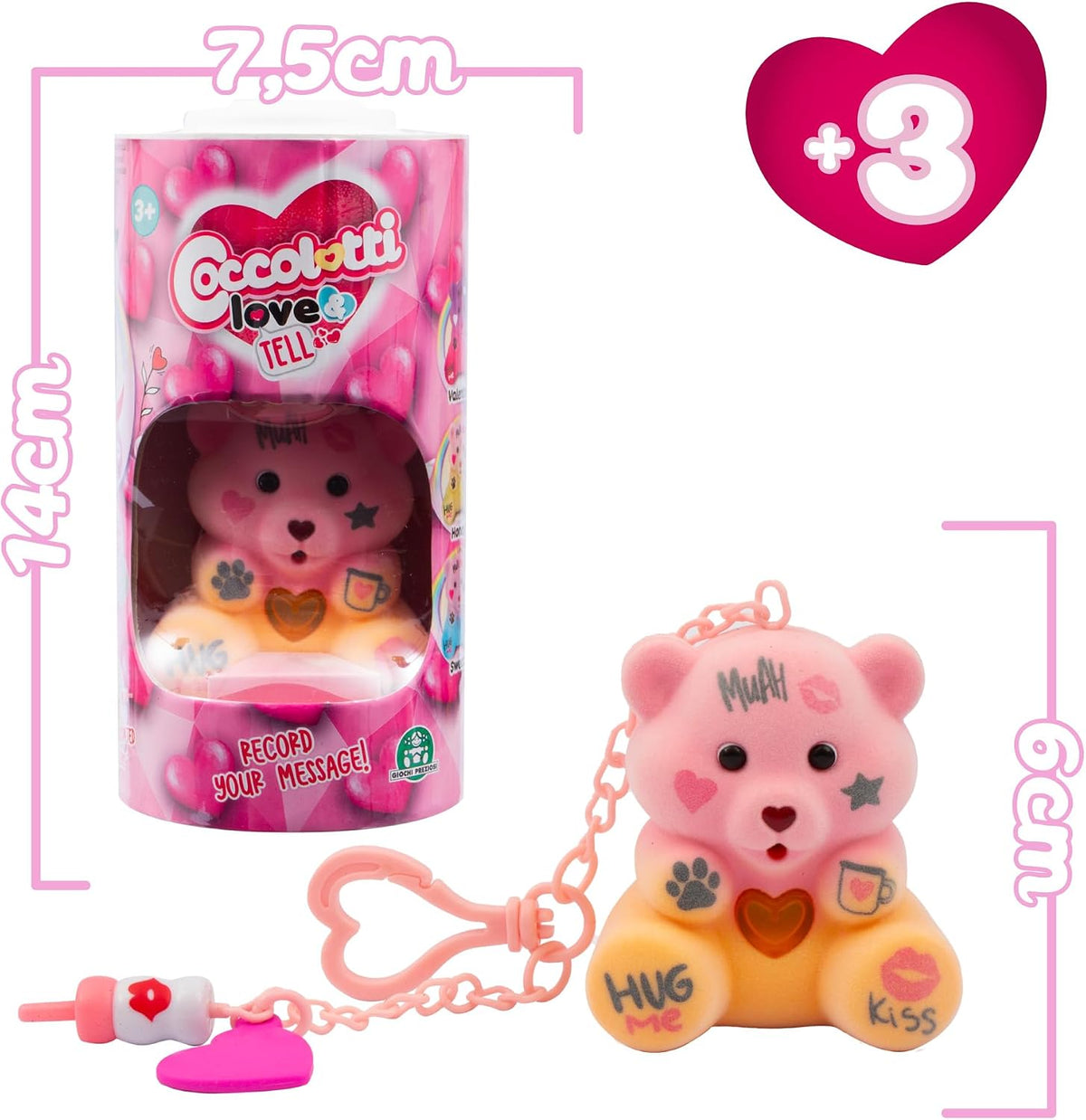 Coccolotti Love and Tell, 1 de 6 Ositos de Peluche interactivos con función de grabación, Llavero de Nailon, Mensaje repetido, Embalaje ecológico, a Partir de 4 años