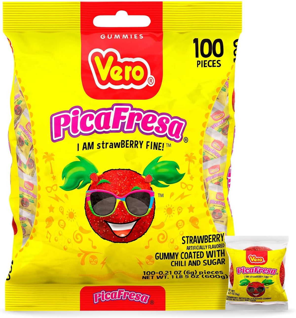 Vero Dulces Vero - Dulces Vero Pica Fresa - Gomitas con chile, dulces mexicanos, 100 unidades, 600 gramos (empaque puede variar)