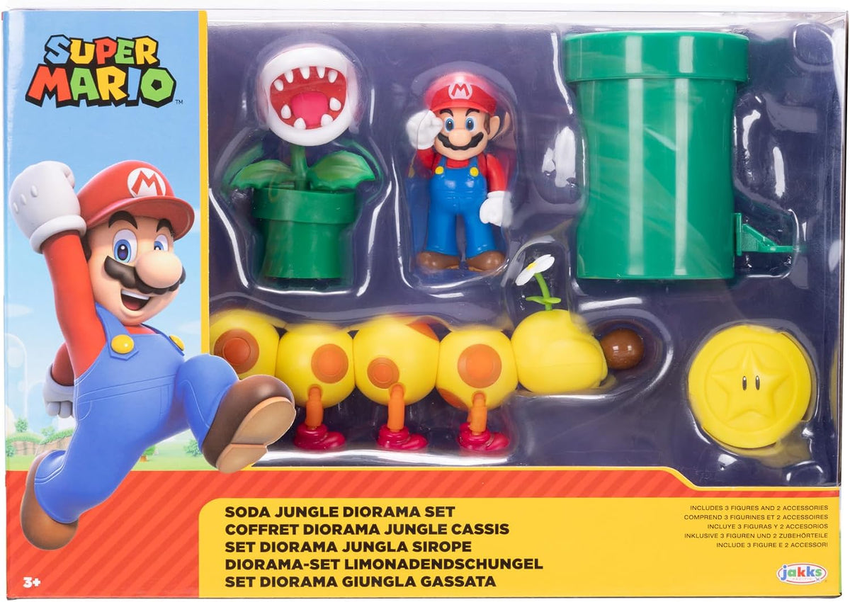 Nintendo Super Mario Soda Jungle Diorama Incluye 3 Cifras y 2 Accesorios: 2.5 Pulgadas Mario, Wiggler, Planta Piraña, Tubo de urdimbre, Moneda. A Partir de 3 años (Licencia Oficial)