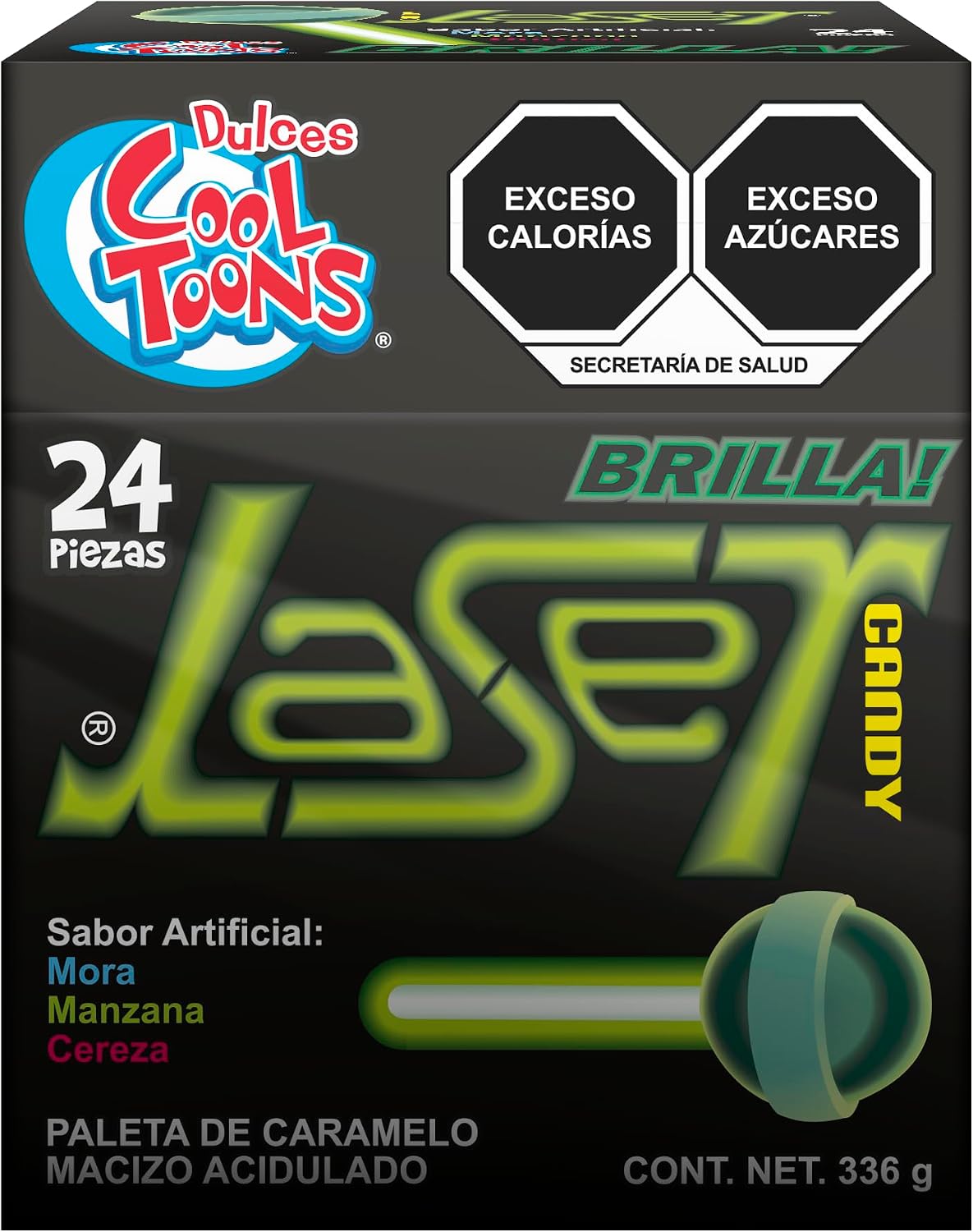 Dulces Cool Toons - Paleta Laser de Caramelo Macizo con palillo neón luminoso que brilla en la oscuridad, sabores Mora Azul, Cereza y Manzana Verde. Paquete 2 cajas (24 Paletas 14grs - c/caja).