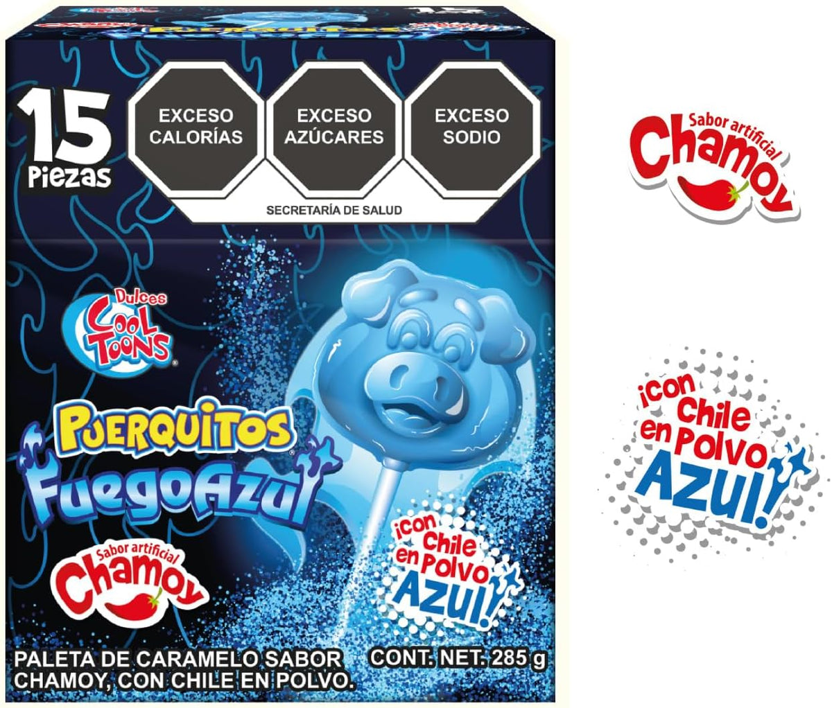 Dulces Cool Toons- Paleta Puerquitos Fuego Azul Paquete 2 cajas (15 Paletas 19grs - c/caja). Sabor Chamoy con chile en polvo . Paleta de Caramelo Macizo con forma de cara de Puerquito).