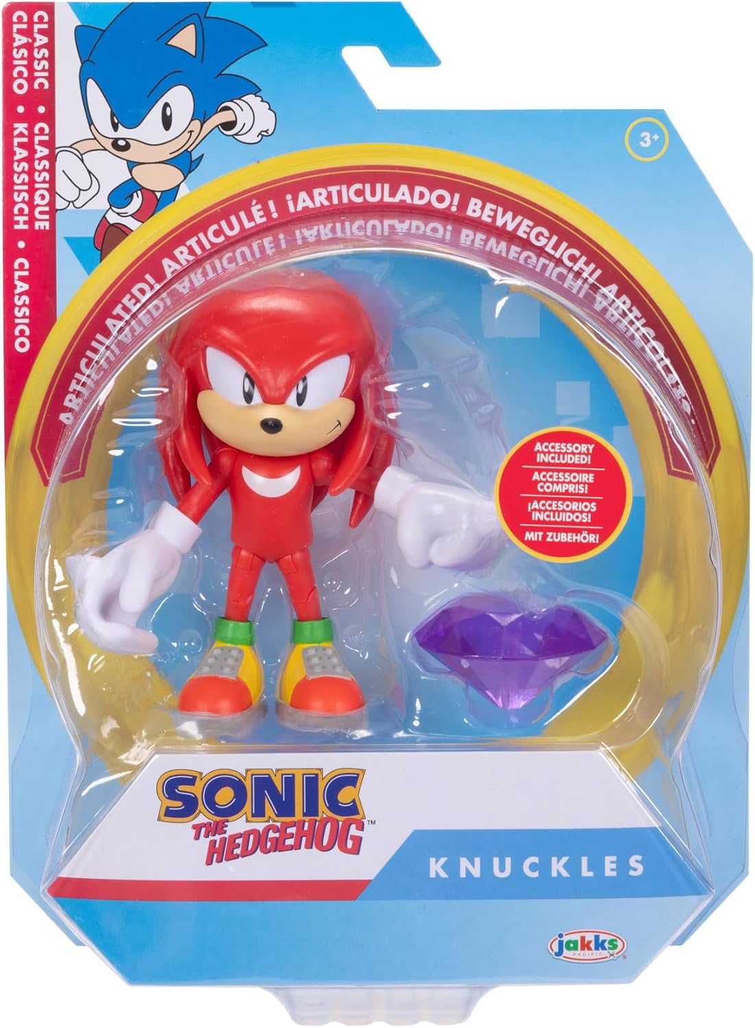 Jakks Pacific - Sega Sonic The Hedgehog Figura Clásica Knuckles de 4″ con Purple Chaos Emerald – Articulada, Coleccionable, para Fans Desde 3+ Años
