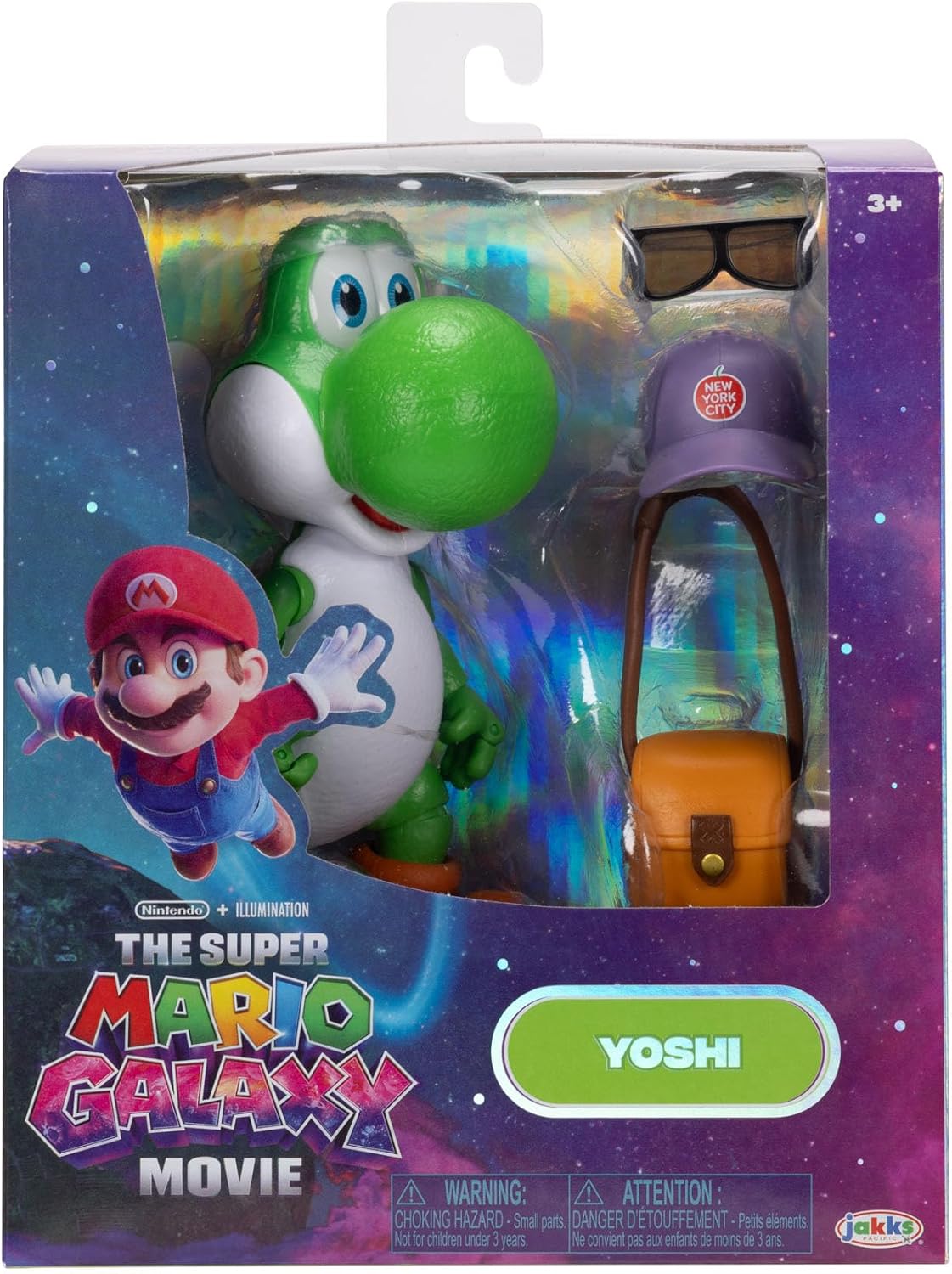 Jakks Pacific Super Mario Galaxy Movie Figura Yoshi 5 Pulgadas con Sombrero, Lentes y Bolsa, 20 Puntos de Articulación, Coleccionable, +3 Años