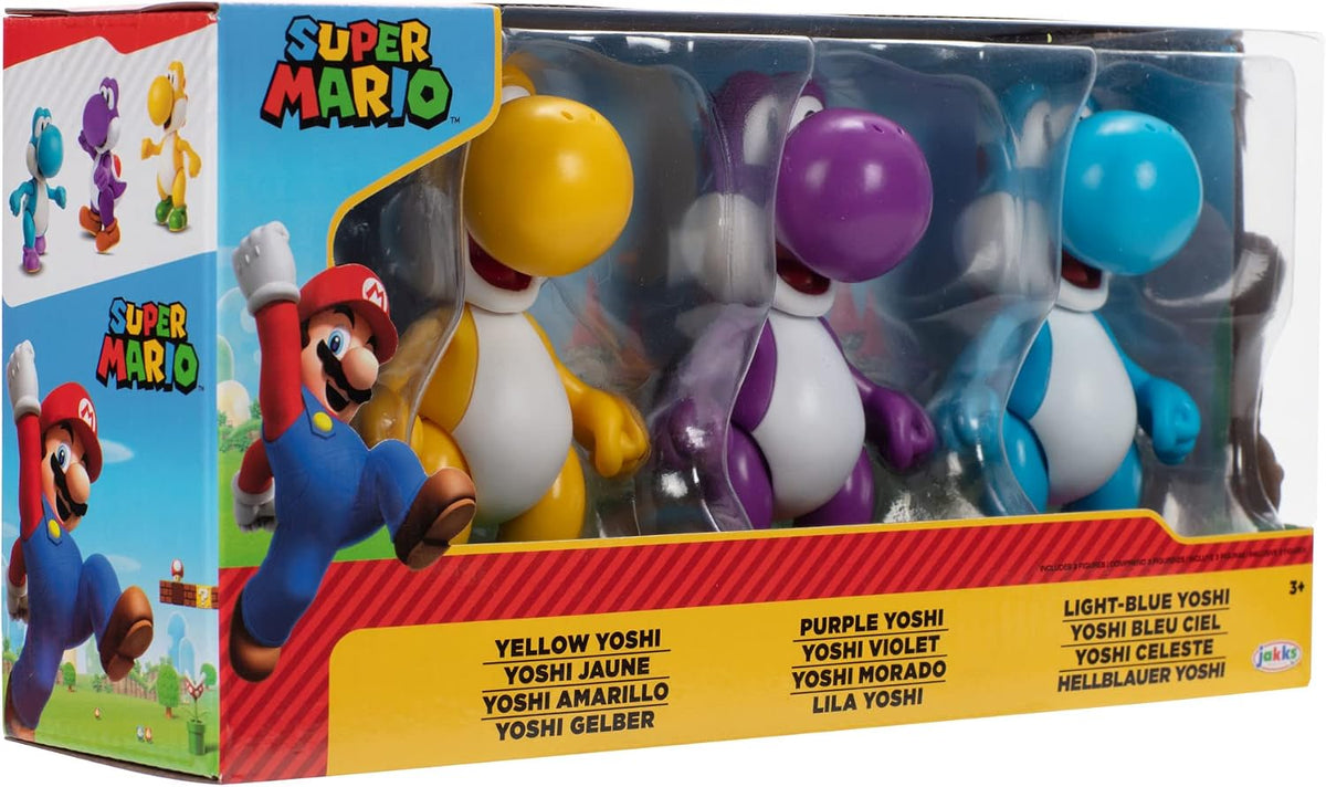 Nintendo Juego de 3 Cifras de acción de 10 cm, auténticas Cifras de Super Mario, Incluye Yoshi Amarillo, Yoshi Morado y Yoshi Azul Claro
