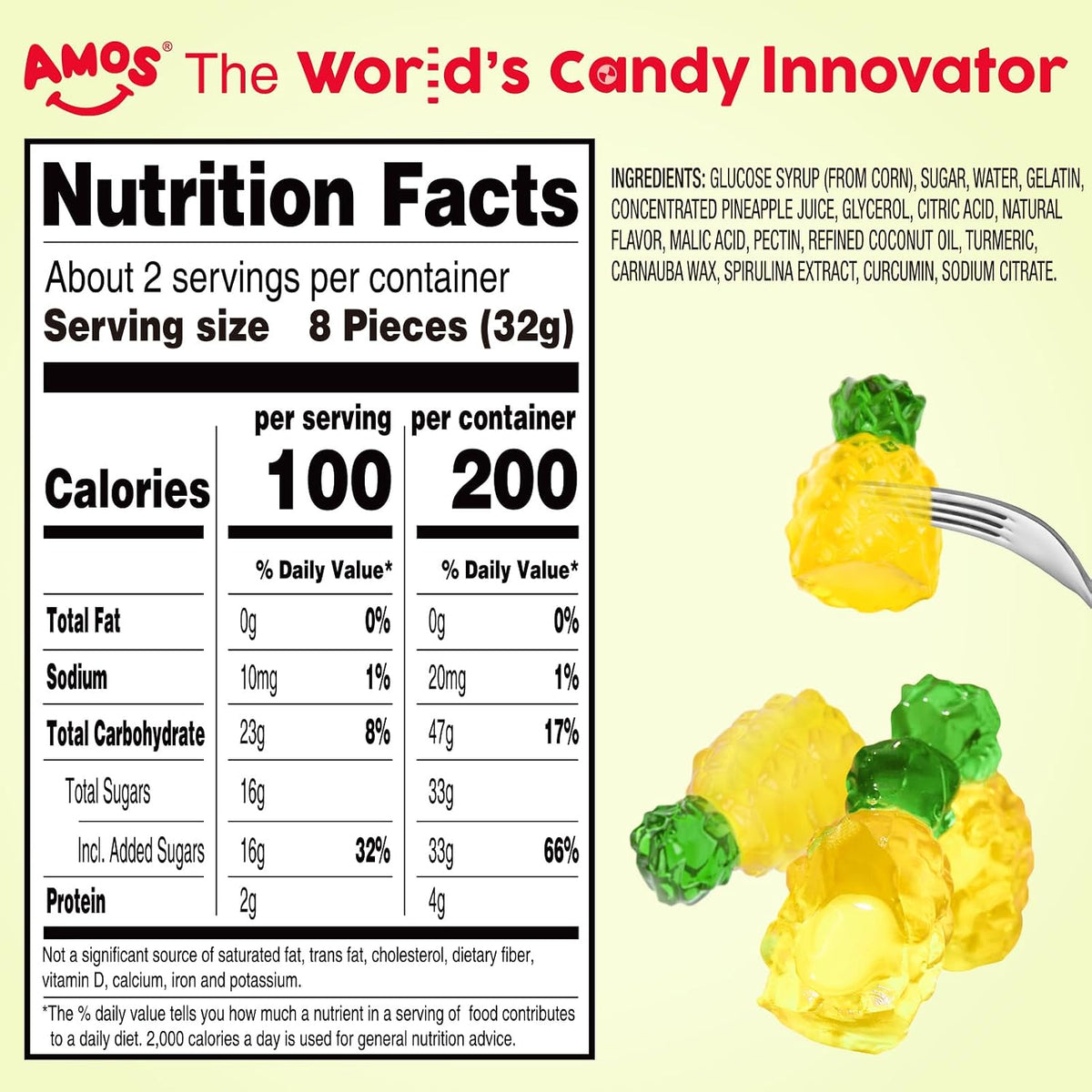 Amos Gomitas de Frutas en 4D, Gomitas de Frutas, Bocadillos de Piña, Bolsa Resellable de 2,29 Oz, Sabor Natural, C 2,29 Onzas (Paquete de 3)