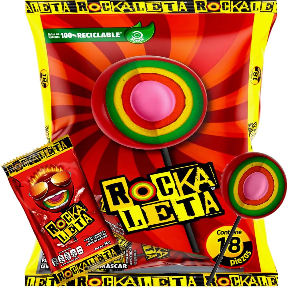 Rockaleta Paleta 18 paletas de 24 gramos cada una.