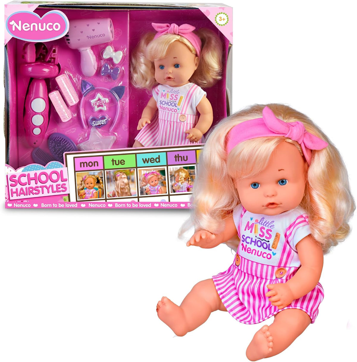 Nenuco - Peinaditos para el Cole, muñeco bebé Cuerpo Duro de 35 cm, de Pelo Rubio y Largo, para hacerle Peinados Diferentes, Muchos Accesorios como trenzador, Desde 2 años, Famosa