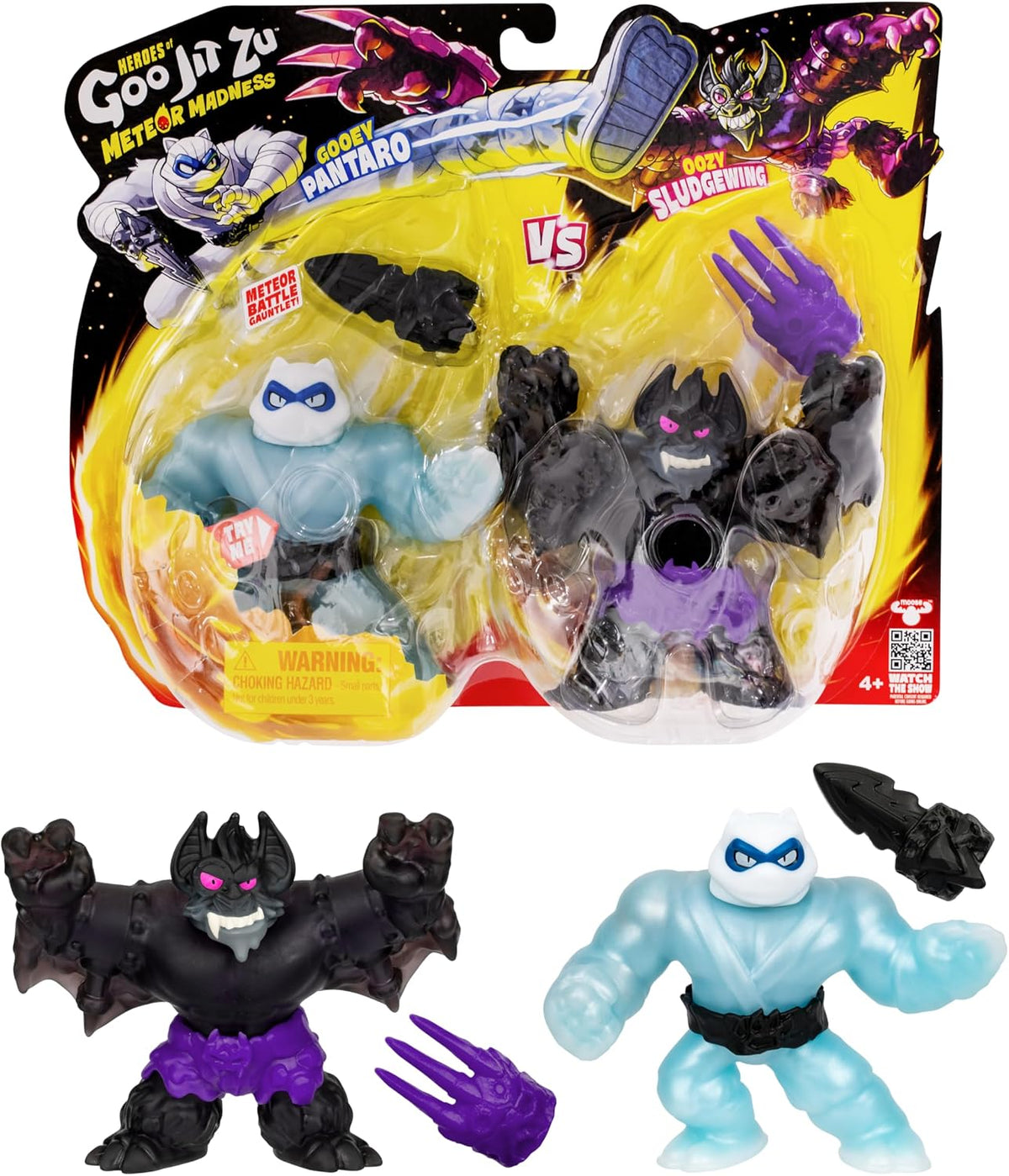 Heroes of Goo Jit Zu Goojitzu - Meteor Madness Pantaroo vs Sludgewing - Pack de 2 Figuras Elásticas con Accesorios - Muñecos Estirables para Niños - Ideal para Regalo