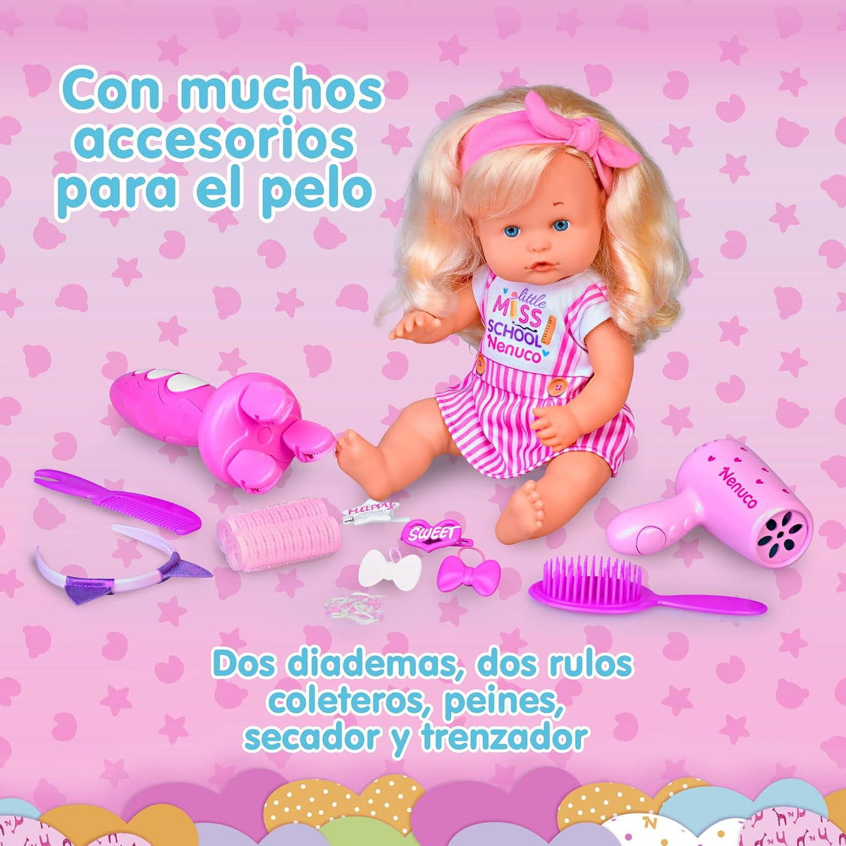Nenuco - Peinaditos para el Cole, muñeco bebé Cuerpo Duro de 35 cm, de Pelo Rubio y Largo, para hacerle Peinados Diferentes, Muchos Accesorios como trenzador, Desde 2 años, Famosa