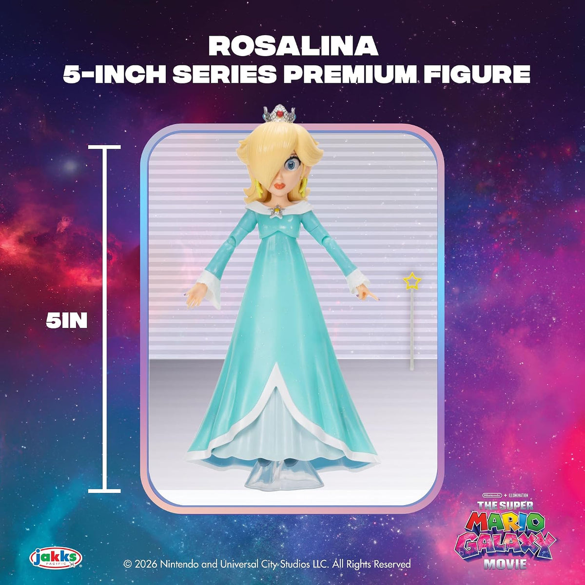 Jakks Pacific Super Mario Galaxy Movie Figura Rosalina 5 Pulgadas con Varita y Base Transparente, 10 Puntos de Articulación, Ojos Acrílicos, Coleccionable, +3 Años
