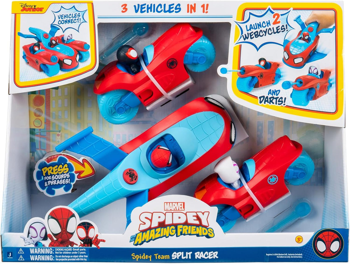 Jazwares Marvel Spidey and His Amazing Friends Spidey Team Split Racer - Vehículo Tres en uno de 8.5 Pulgadas con Dardos Web, Efectos de Sonido y Frases